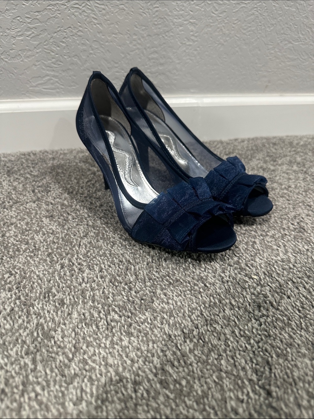 Nina Navy Peep-Toe Ruffle Pumps